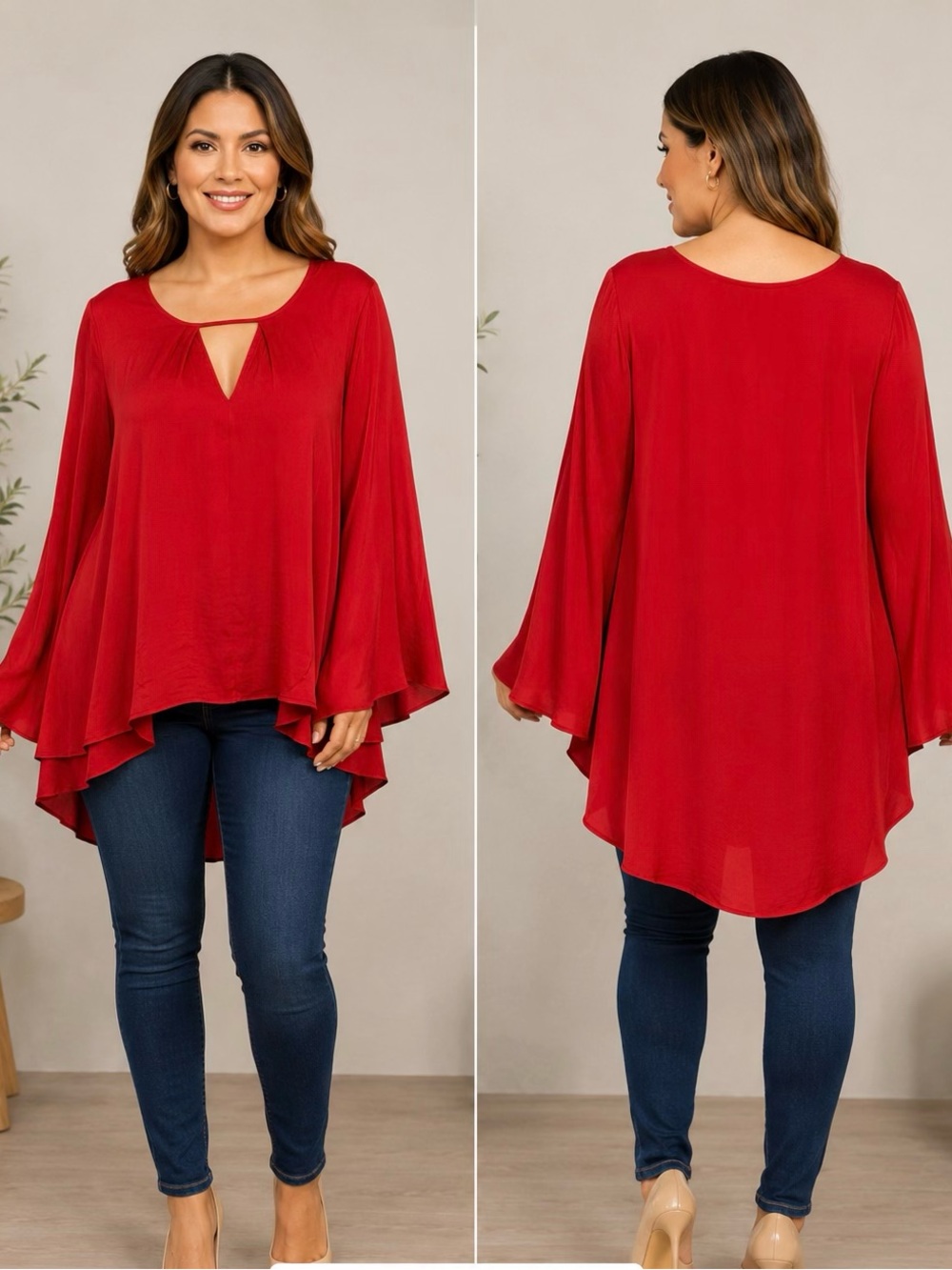 Jennifer Lopez Red Scoop Tunic Neck Blouse with V-Notch